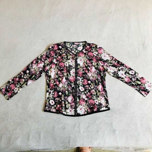 Women’s Floral and Rhinestone Zipper Cardigan - Picture 1 of 9